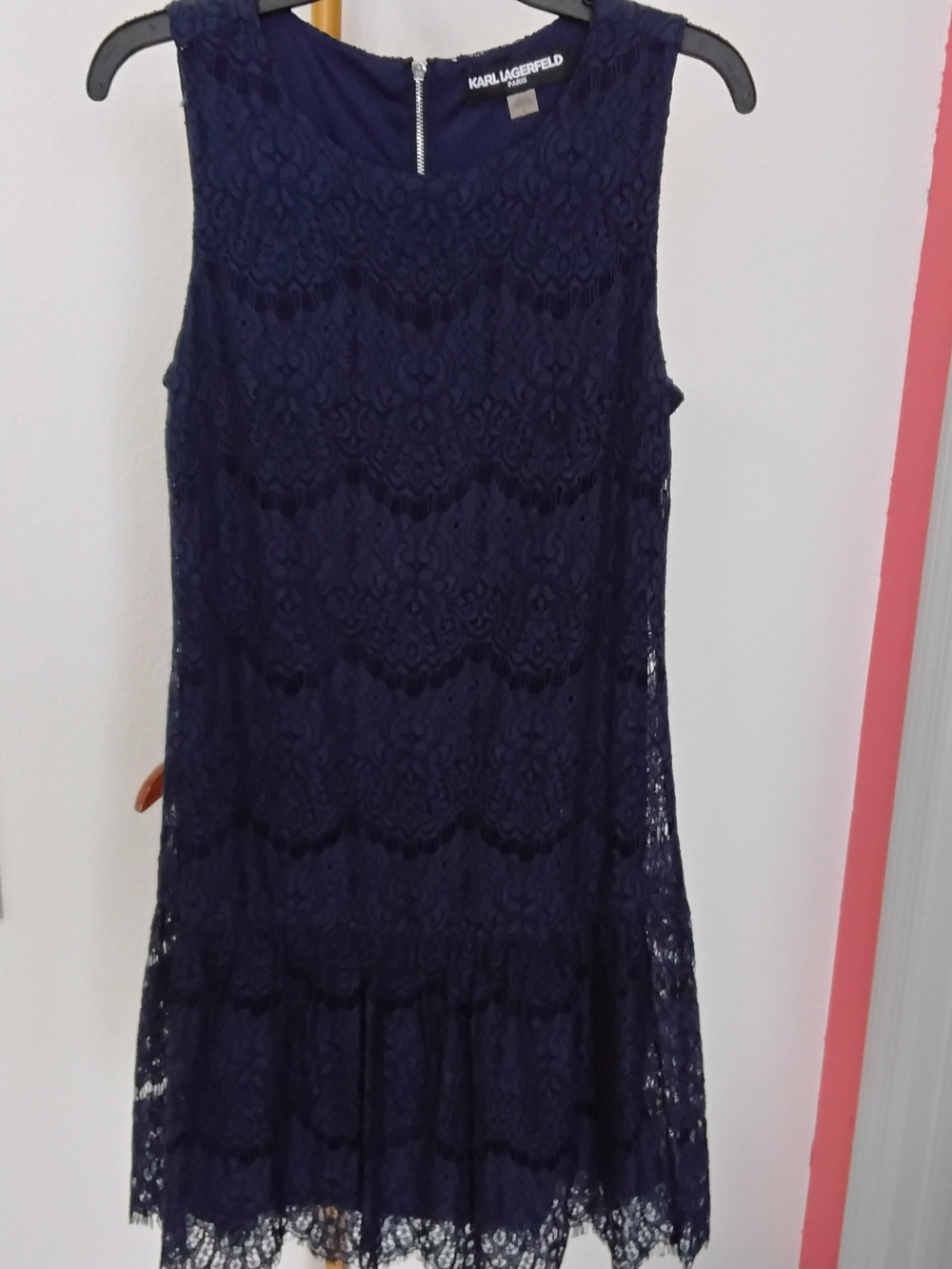 Karl Lagerfeld Navy Scalloped Lace Drop-Waist Dress